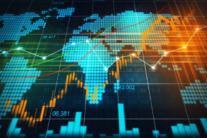 Image of a chart of global stocks superimposed over a world map