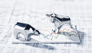 Image of a bull and bear over a stock market chart, representing market volatility