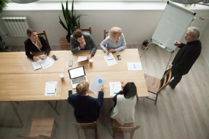 Image of a team of investors around a table determining the best investment strategy for their portfolio