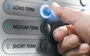 Image of a hand pressing an elevator button that reads “long-term” while passing over options that read “medium-term” and “short-term.”