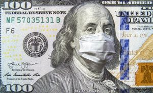 Image of a dollar bill with a mask superimposed on the image of Ben Franklin