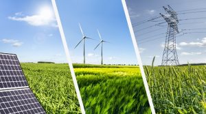 Image of solar panels, a wind farm and a power line