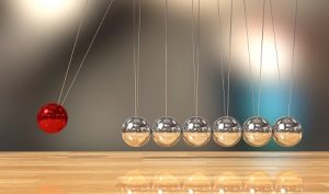 Image of a Newton’s cradle pendulum representing (stock) momentum