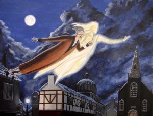 Image of Scrooge flying around with the Ghost of Christmas Past