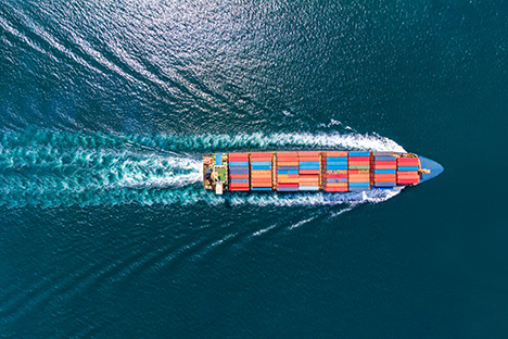 Aerial view of container ship