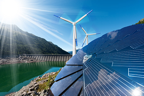 Wind turbines, solar panels and a dam for hydropower
