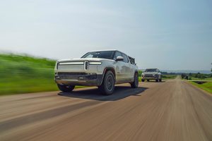 Rivian pickup truck in motion