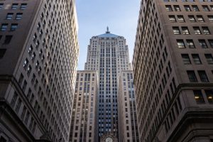 Looking up at the CBOE building in Chicago