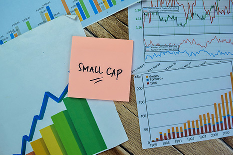 Image of a sticky note that says 'SMALL CAP' on top of a stack of charts