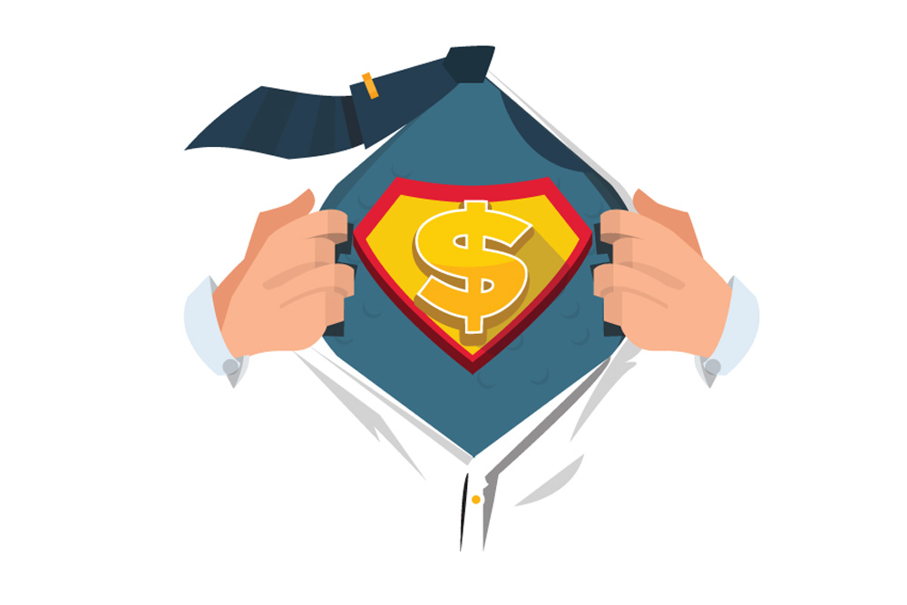 Image of a man in a suit pulling back his shirt to reveal a Superman logo with a dollar sign