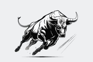 A detailed, black-and-white sketch of a charging bull