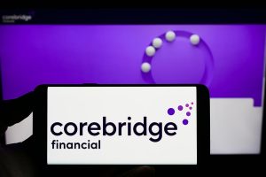 A smartphone showing the Corebridge Financial logo