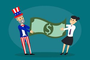 Uncle Sam and a woman arguing over a dollar bill