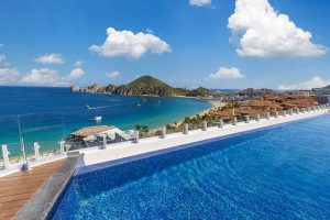 A panoramic, aerial view of Cabo San Lucas, Mexico