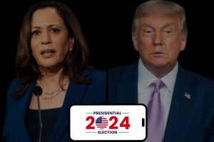 Kamala Harris and Donald Trump in front of a “2024 presidential election” screen