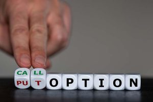 A line of dice tilted to say both “call option” and “put option”