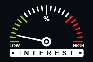 An interest rate gauge (styled like a car’s gas gauge) with the needle pointing to the "low" side