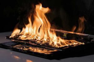 A laptop on fire