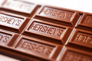 A close-up of a Hershey’s chocolate bar