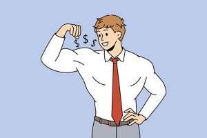 A cartoon man flexing his bicep with dollar signs above it
