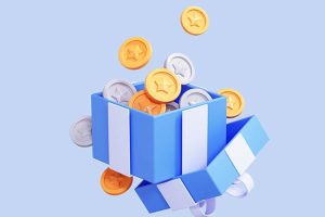 A blue wrapped gift with gold and silver starred coins coming out of it