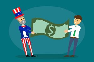 An image of Uncle Sam and an investor both pulling on a dollar bill