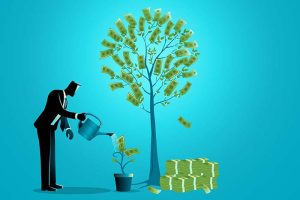 A silhouette of a man watering a “money plant” next to a much bigger “money tree”
