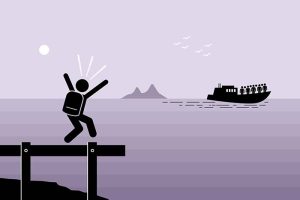 A stick-figure man panicking at the dock as he watches his boat pull away