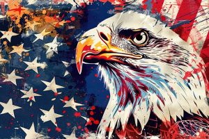 An eagle with an American flag background