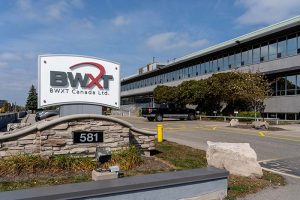 A sign showing the BWX Technologies logo outside one of the company’s buildings