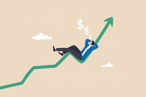 A graphic of a man lounging on a rising green arrow
