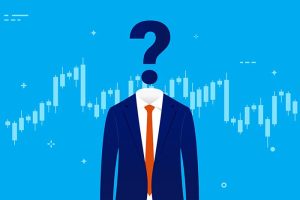 An investor with a question mark for a head, standing in front of a stock chart background