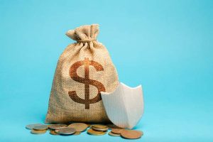 A bag of money and a pile of coins sitting next to a shield