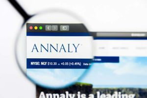 The Annaly Capital Management logo on a computer screen under a magnifying glass