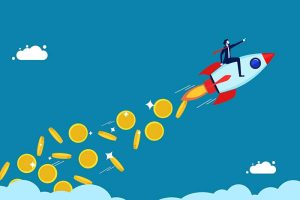 A graphic of a space shuttle blasting off and leaving behind several coins