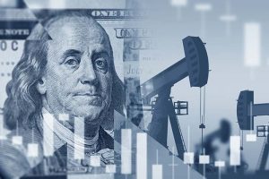 A collage of oil pumps, Ben Franklin on a U.S. dollar bill, and a stock chart