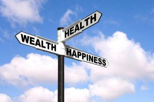 A signpost with three street signs reading “HEALTH,” “WEALTH,” and “HAPPINESS”