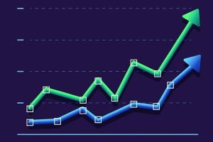 A green arrow outpacing a blue arrow on a chart