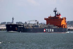 A tanker ship with “TORM” on the side