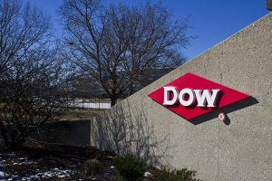 The Dow logo on the side of a concrete wall