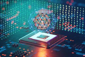 An abstract image of a sphere hovering over a computer chip