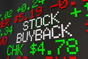 The words “stock buyback” in white text, surrounded by red and green stock tickers and prices