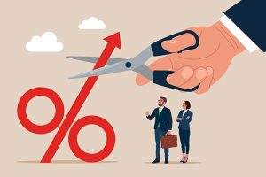 A graphic of a hand cutting a percent sign as two businesspeople watch nearby