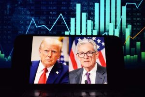 Images of President Trump and Fed Chair Jerome Powell in front of a volatile stock chart