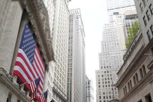 Several skyscrapers in the financial district of Manhattan