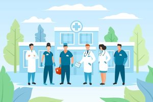 A graphic of several nurses and doctors standing outside of a clinic