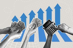 A collage of hands holding dollar bills and an adding machine