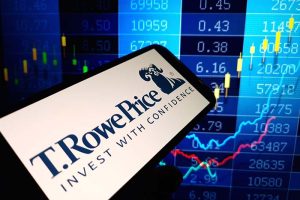 The T. Rowe Price logo on a smartphone in front of several numbers and stock charts