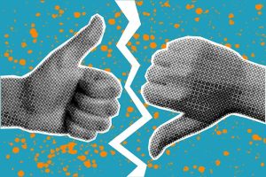 A thumbs-up and thumbs-down symbol on a blue background