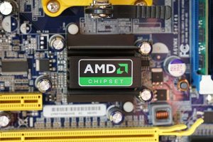 The AMD logo on a motherboard inside a desktop computer